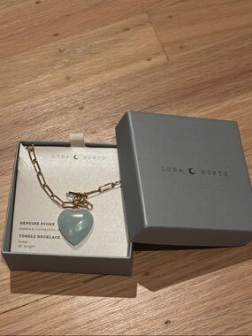 NIB Luna Norte Gold Chain Toggle Necklace with Light Aqua Heart Pendant
